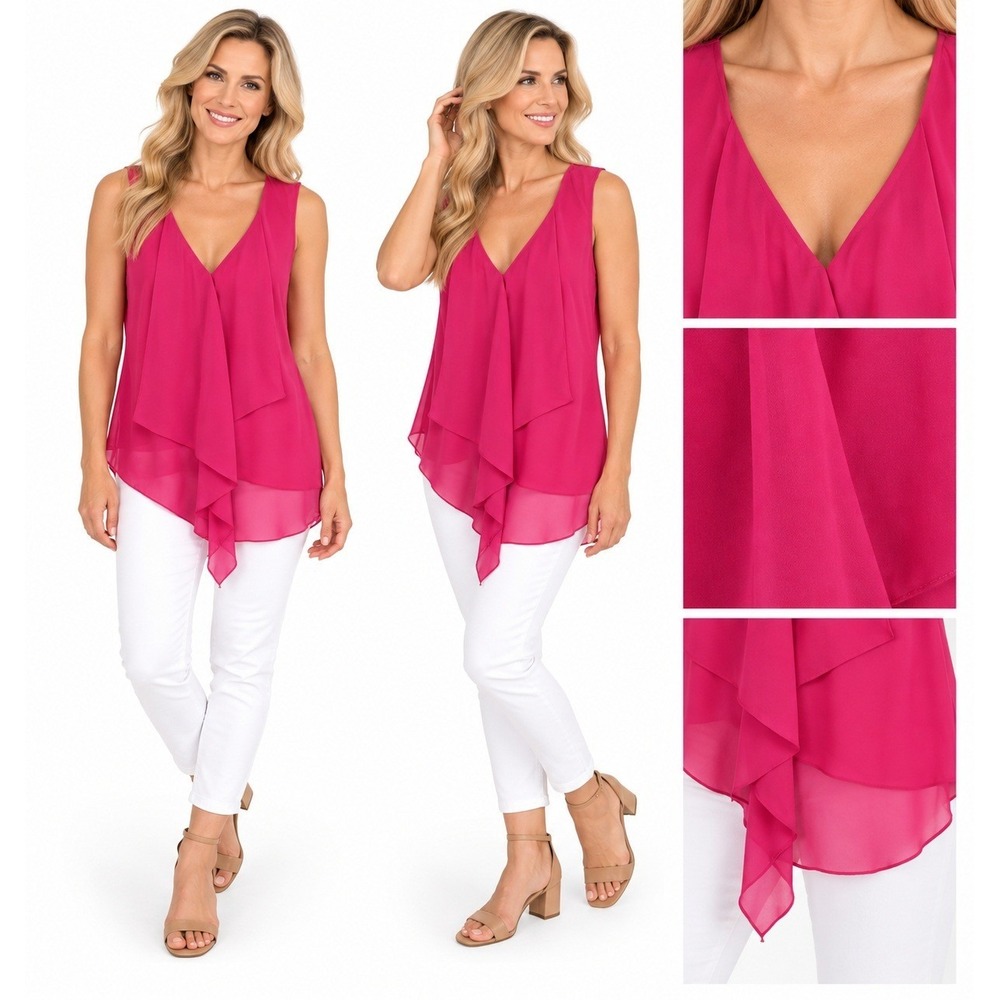 Venus Blouse S Hot Pink Chiffon Draped Asymmetrical V Neck Barbiecore Flowy